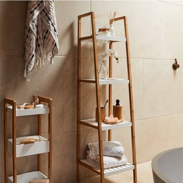 ZB BSCI Factory Multifunctional Bamboo 4-tier trapeziform rack with white shelf