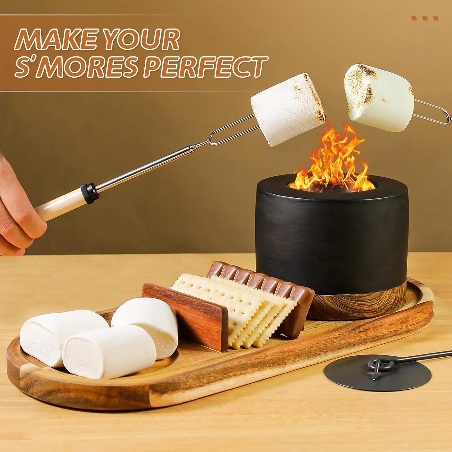 New Indoor Smores Kit with 4 Roasting Sticks, Tabletop Smores Maker with Acacia Wood Tray