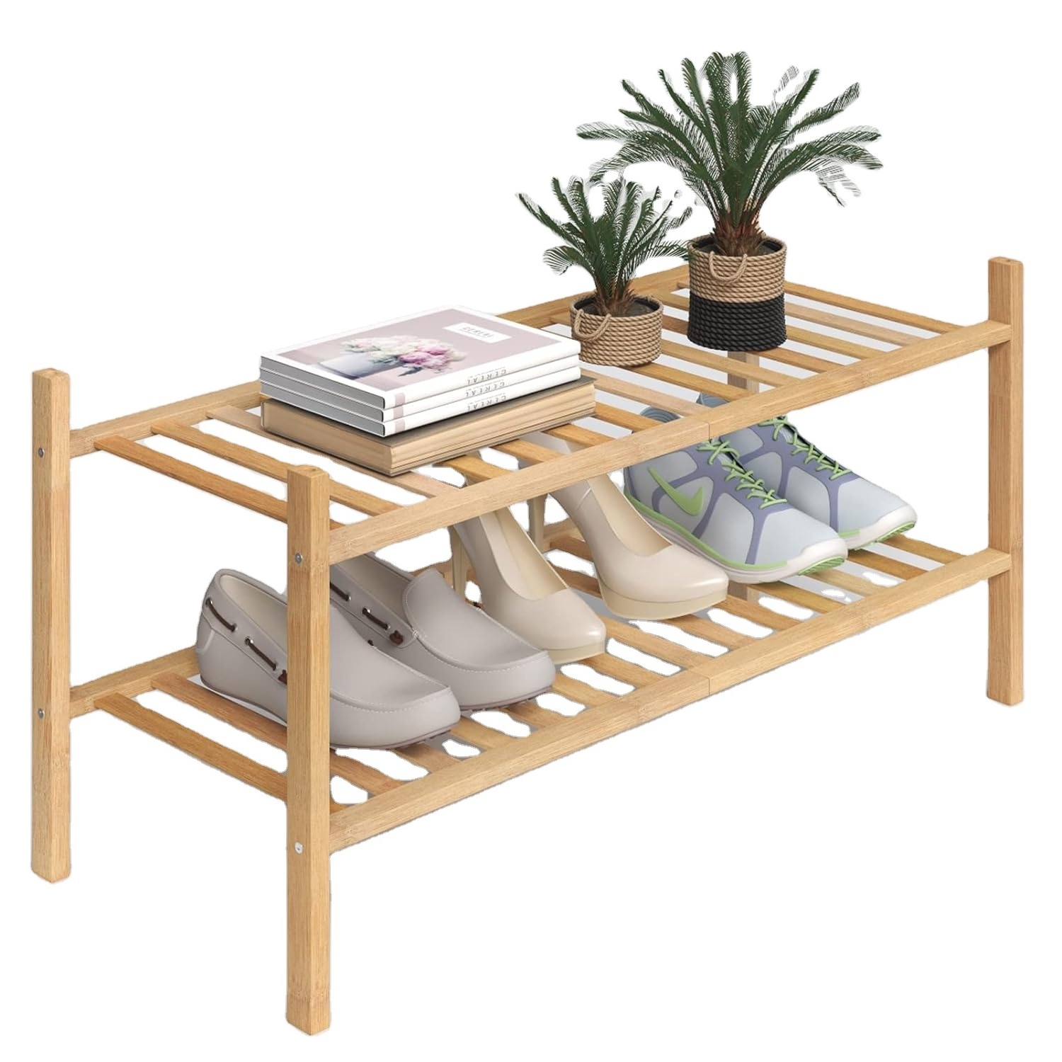 2 Tier Shoe Rack Free Standing for Entryway and Closet Hallway , Multifunctional Bamboo Shoe Rack in Different Combinations