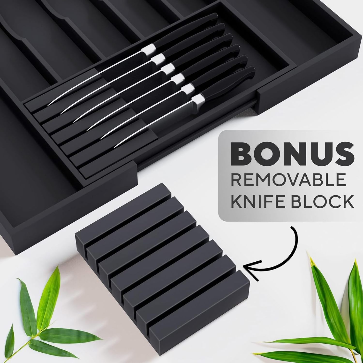 Expandable Kitchen Drawer Organizer, Great for Silverware, Large Utensils, Flatware, Cutlery - 8 Compartments with Knife Block