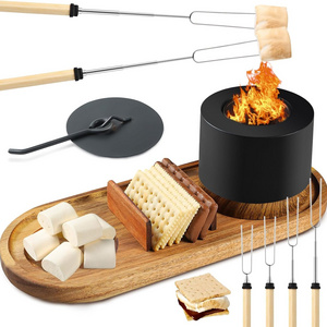 New Indoor Smores Kit with 4 Roasting Sticks, Tabletop Smores Maker with Acacia Wood Tray