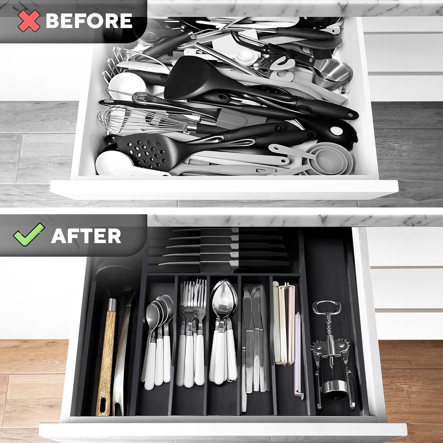 Expandable Kitchen Drawer Organizer, Great for Silverware, Large Utensils, Flatware, Cutlery - 8 Compartments with Knife Block