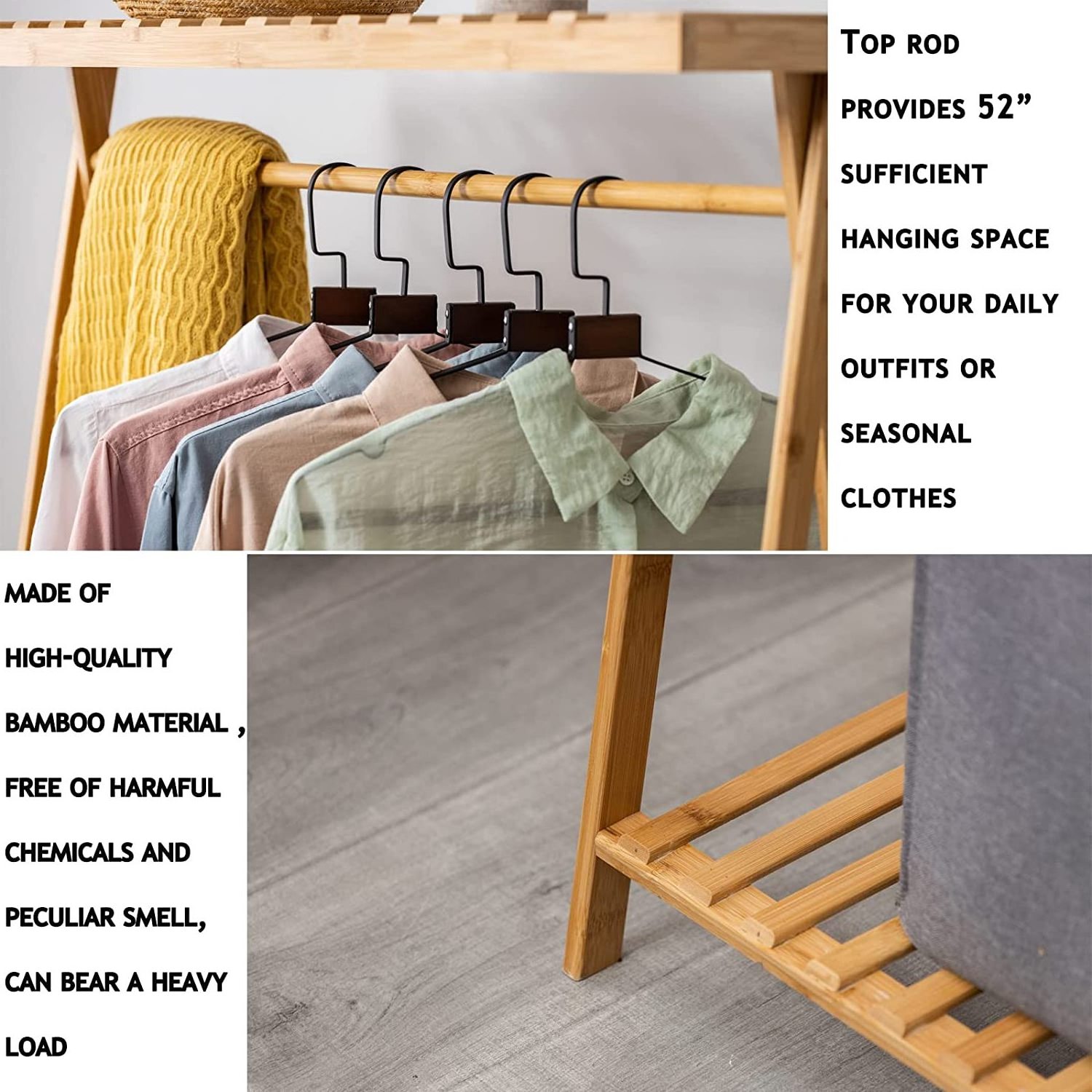 Bamboo Garment Rack Coat Clothes Hanging Heavy Duty Racks with top Shelf and Shoe Clothing Storage Organizer