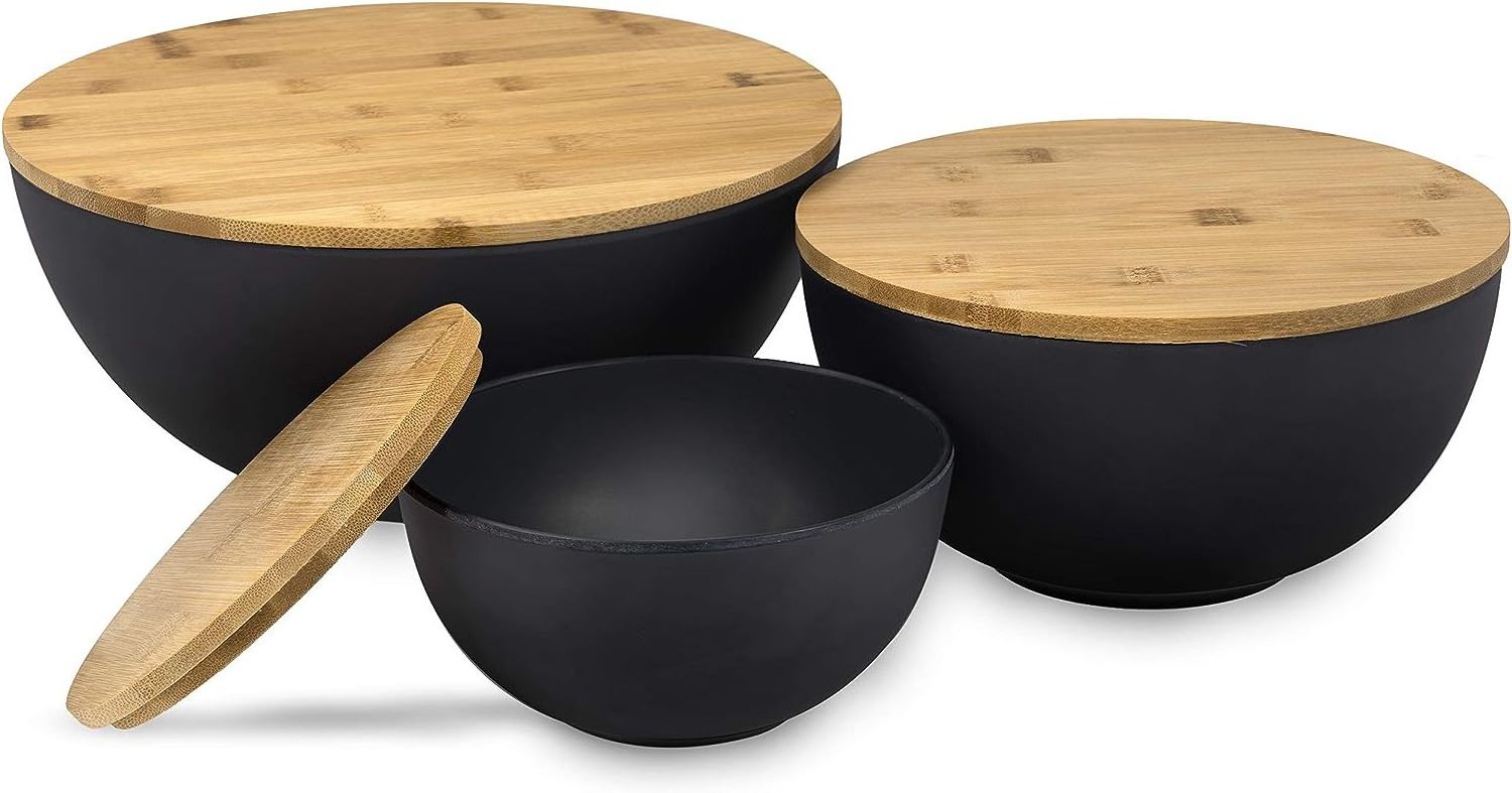 Custom 3 Size Bamboo Bowl Set with Wooden Lids for Rice,Soup,Pasta,Popcorn and Snacks,Purpose Bowl and Board Set of Kitchen