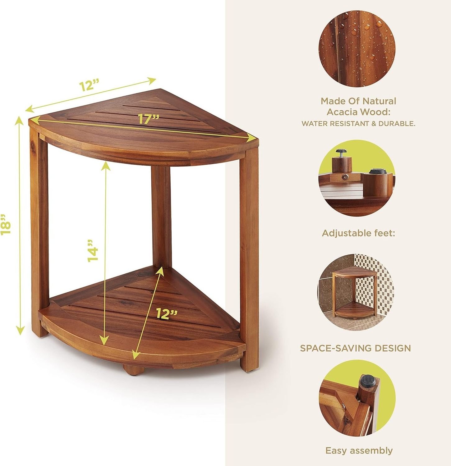 Acacia Corner Shower Bench & Stool with Storage Shelf, Benches for Inside Shower, Wood Corner Stool Foot Rest for Shaving Legs