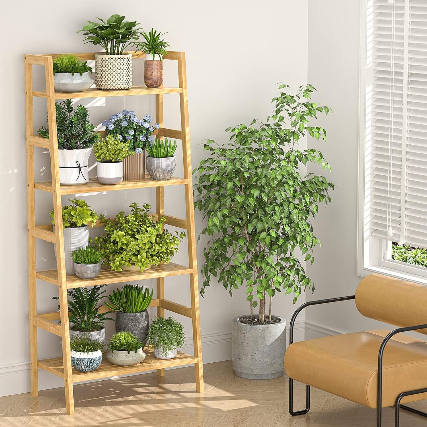 4 Tier Bamboo Ladder Shelf Freestanding Open Bookcase Book Shelf Bathroom Storage Shelf Unit Plant Stand for Living room