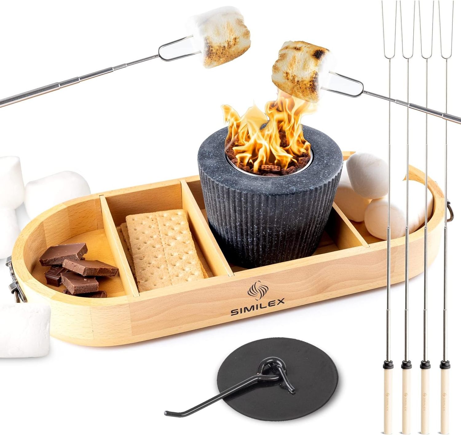 Indoor S'Mores Kit - Beech Wood Tabletop Smores Maker with 4 Roasting Sticks, Tabletop Smores Maker with Wood Tray