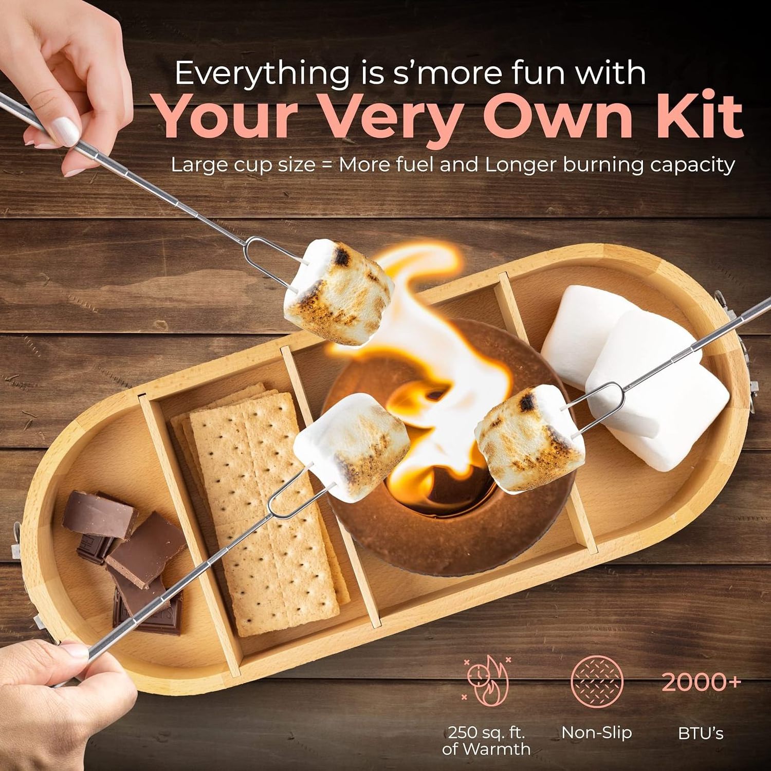 Indoor S'Mores Kit - Beech Wood Tabletop Smores Maker with 4 Roasting Sticks, Tabletop Smores Maker with Wood Tray