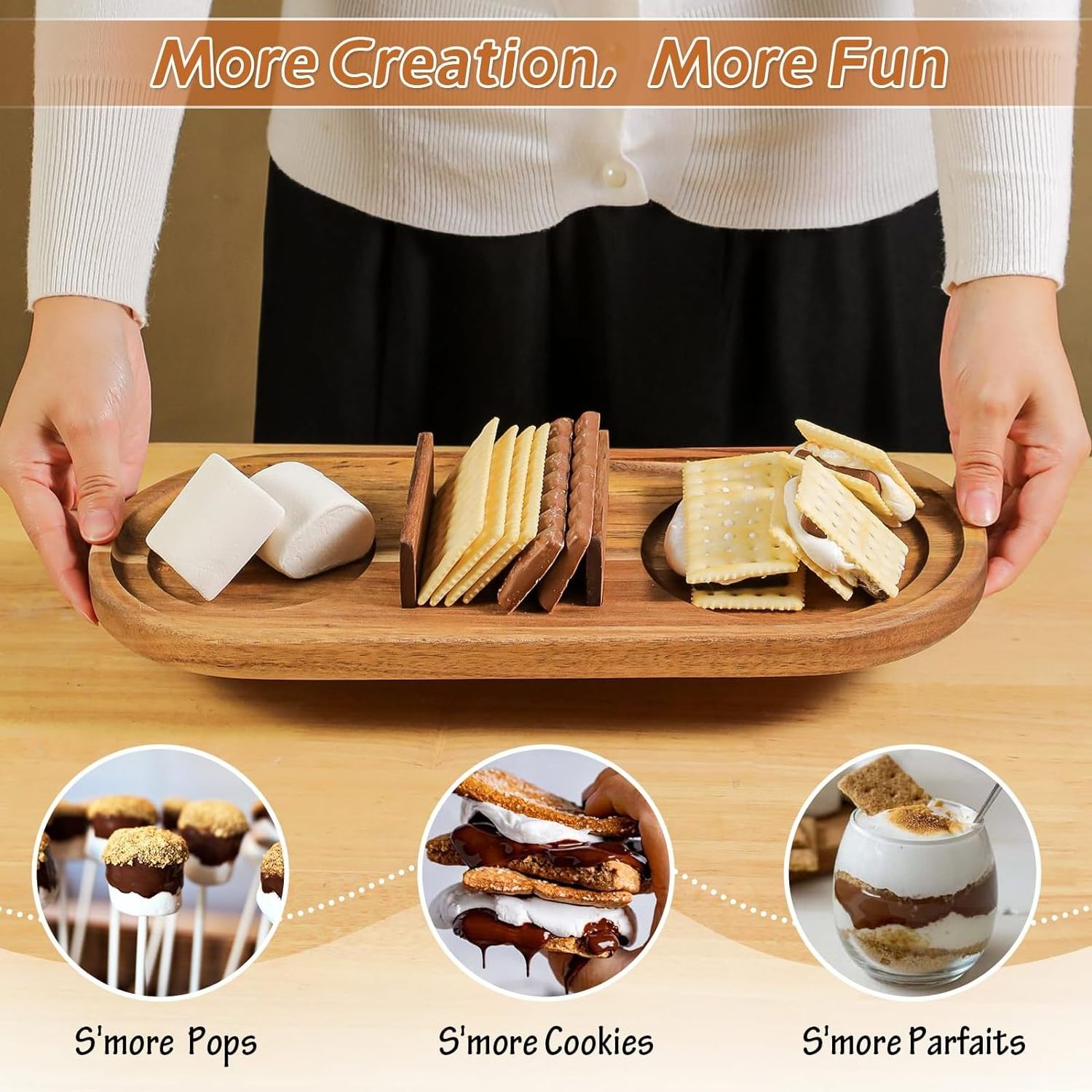 New Indoor Smores Kit with 4 Roasting Sticks, Tabletop Smores Maker with Acacia Wood Tray