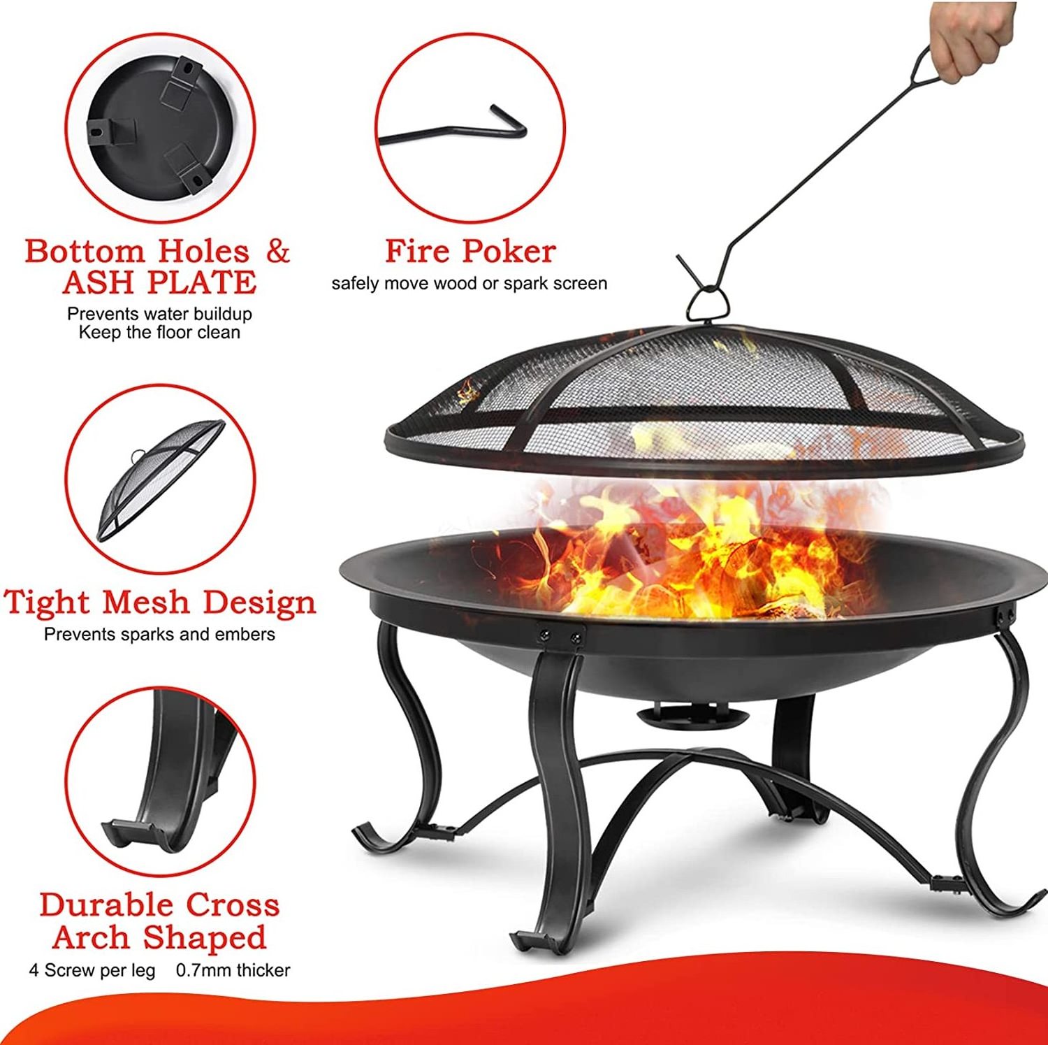 Outdoor Fire Pit with Steel Grill, 36 Inch Large Wood Burning Fire Pit for Outside with Cooking BBQ Grill Grate