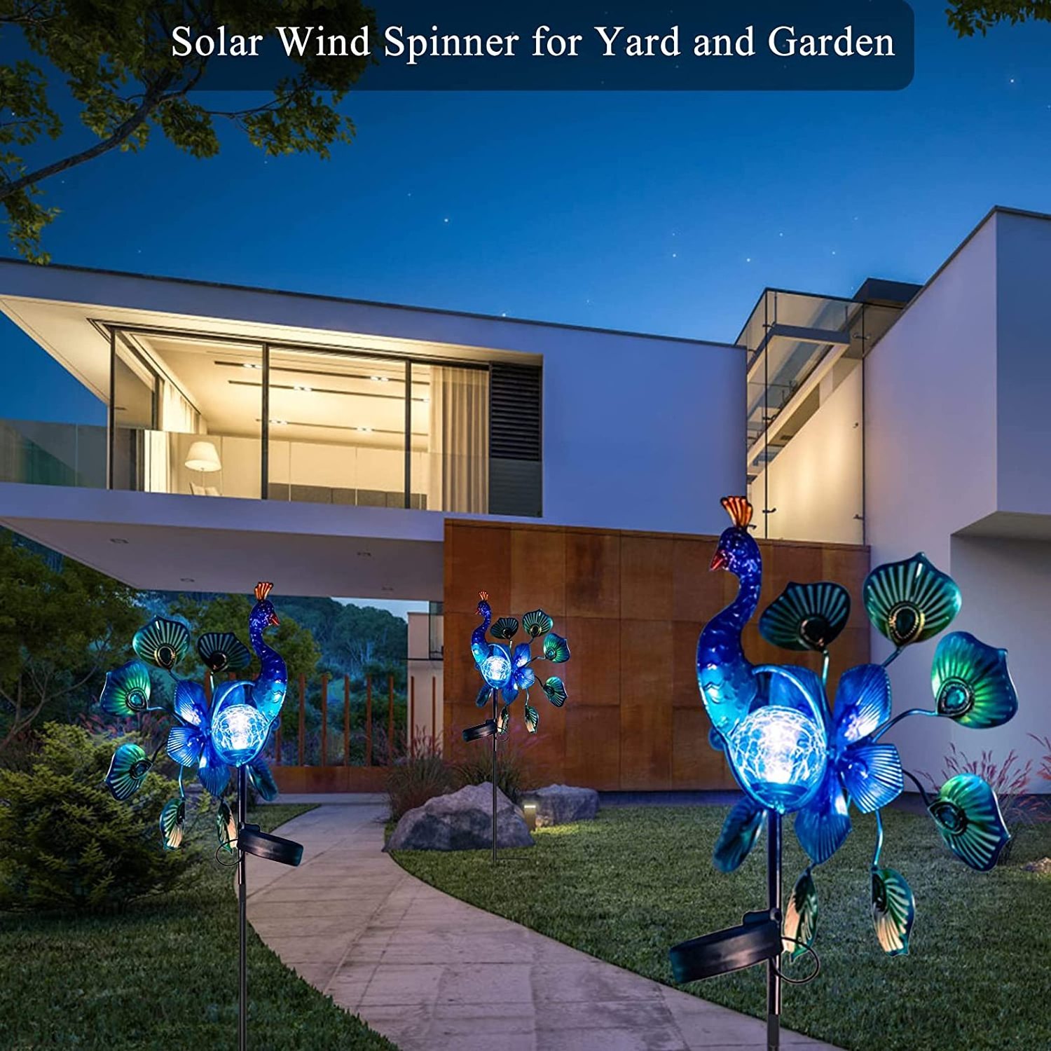 Wholesale Metal  Peacock 3D LED Light Solar Wind Spinner Outdoor Yard Patio Garden Animal Ornaments Windmill Decoration Stake