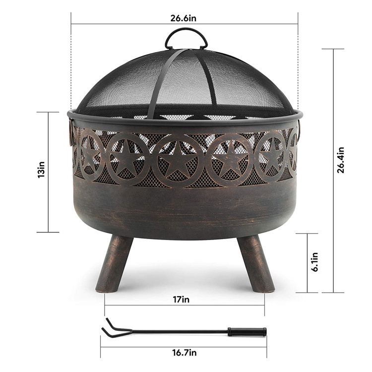 Fire Pit with Waterproof Cover Outdoor Wood Burning 26.6in Firepit Firebowl Fireplace Poker