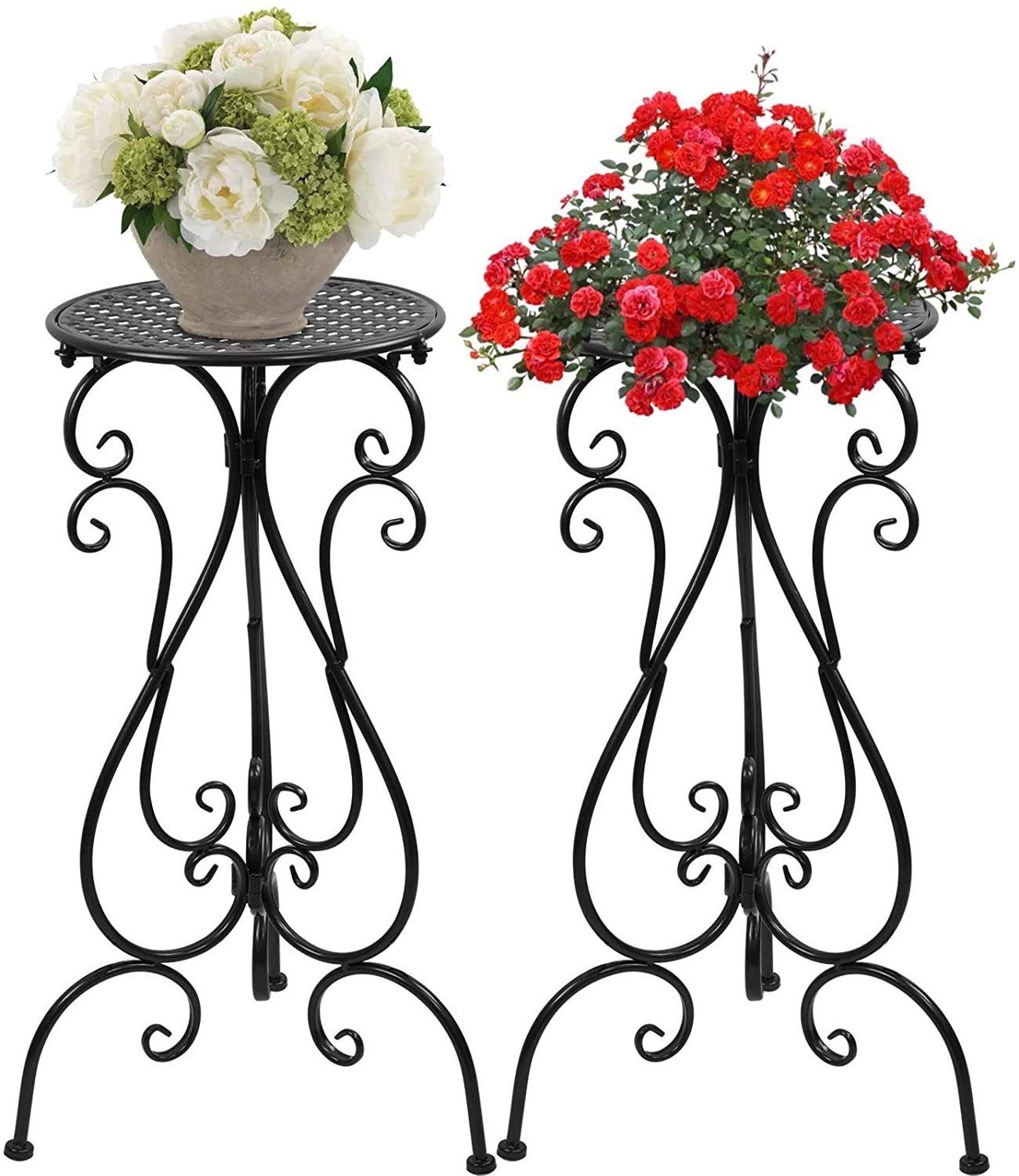 2 Pack Outdoor Wrought Iron Tall Plant Stand Flower Pot Display Holder For Home Garden Decoration