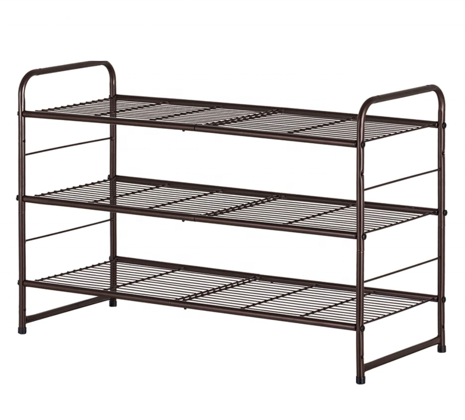 Industrial Modern 3 Tier Adjustable Wire Grid Shoe Shelf Storage Organizer Metal Wire Shoe Rack for Closet Bedroom Entryway