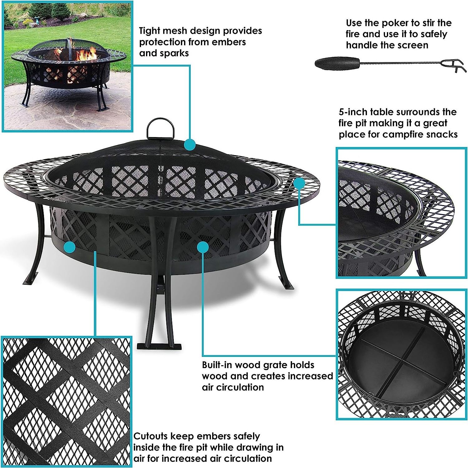 40-Inch Round Steel Fire Pit Table with Durable Spark Screen and Poker