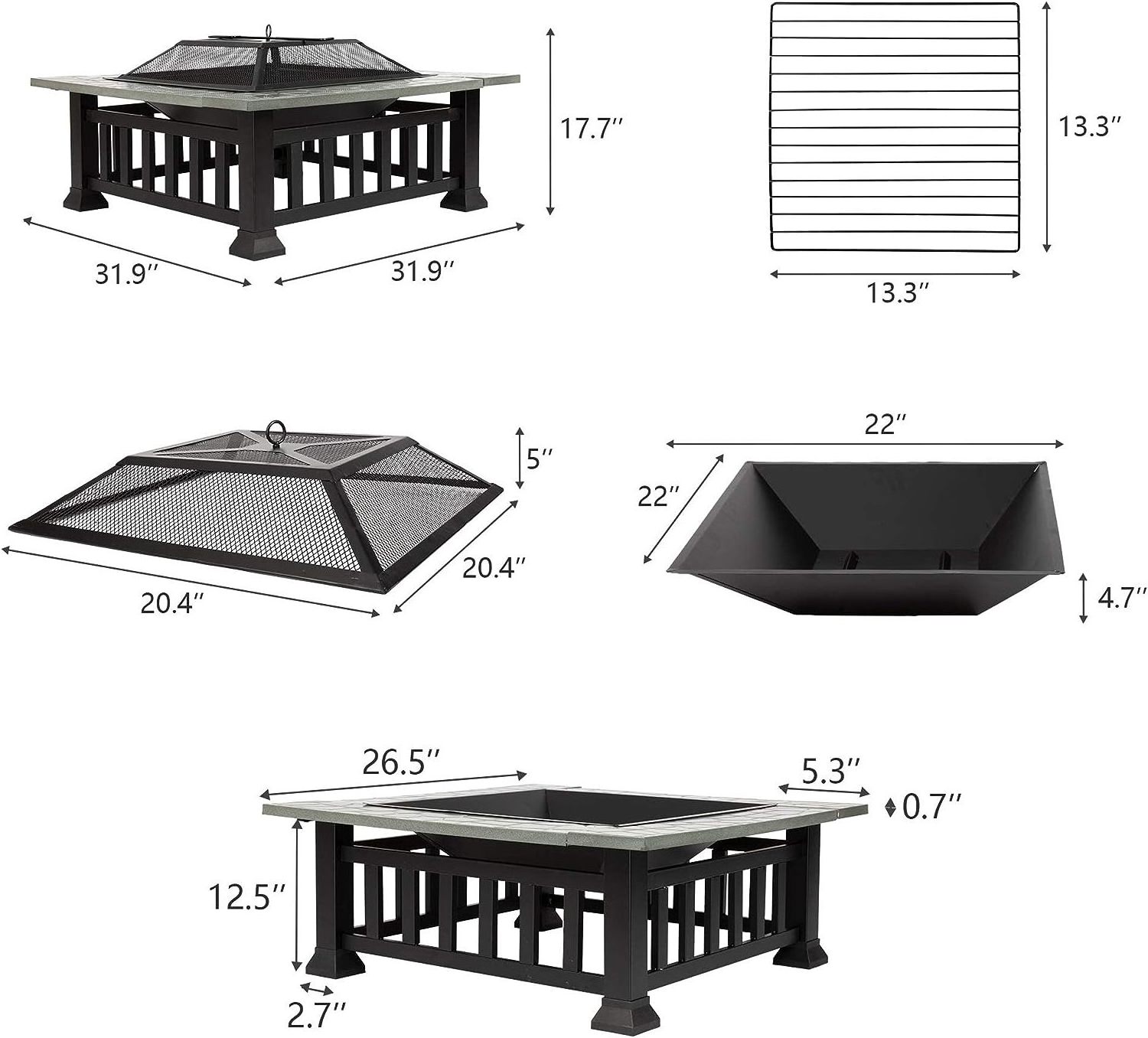 32 Inch Square Wood Burning Outdoor Fire Pit W/BBQ Grill,PVC Rain Cover