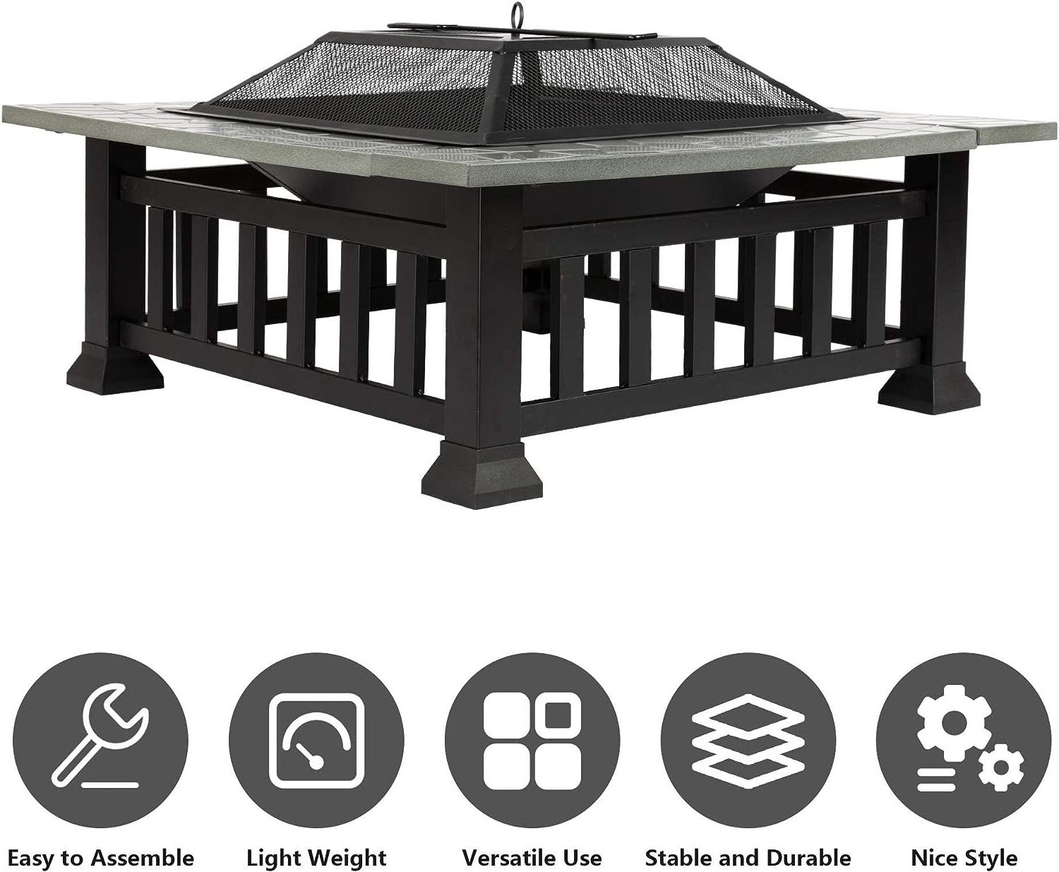 32 Inch Square Wood Burning Outdoor Fire Pit W/BBQ Grill,PVC Rain Cover