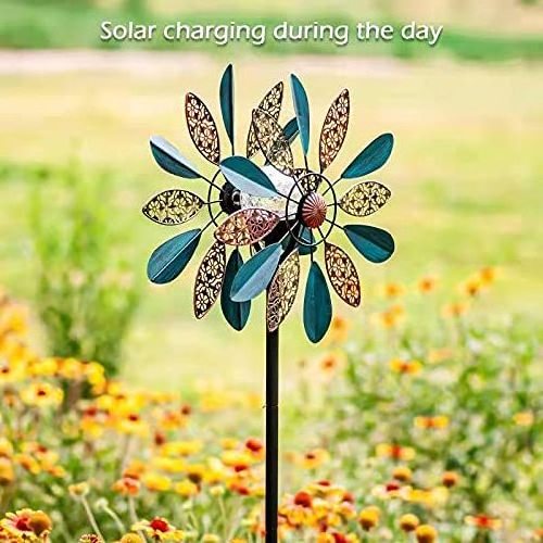 Outdoor Metal Garden Decor 3D Solar LED Light Wind Spinners Patio Garden iron Windmill Stake Ornaments Wind Spinner