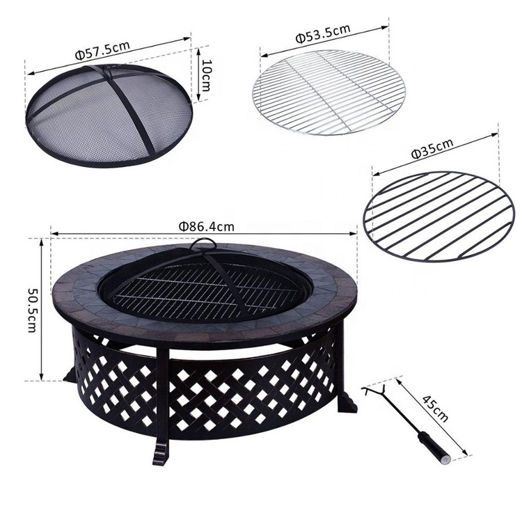 Outdoor Metal Firepit Round Table Patio Garden Wood Burning Fire Pit with Spark Screen Log Poker and Cover