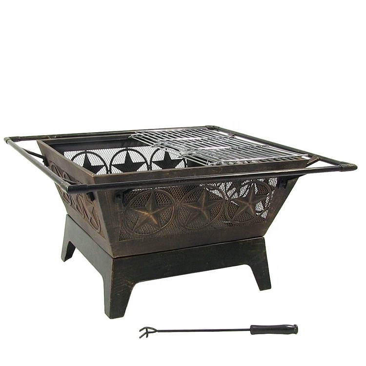 Outdoor Fire Pit - 32 Inch Large Square Wood Burning Patio & Backyard Firepit for Outside with Cooking BBQ Grill Grate Poker