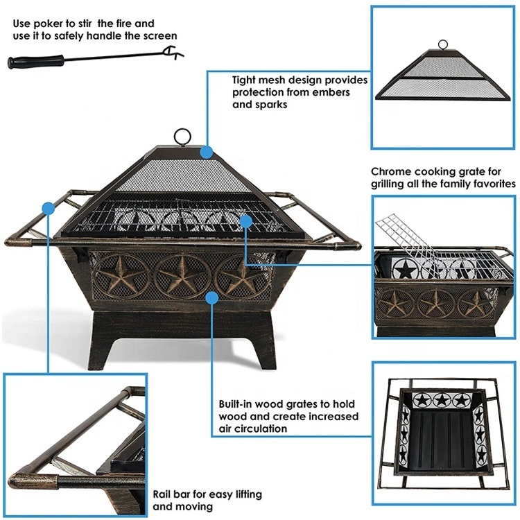 Outdoor Fire Pit - 32 Inch Large Square Wood Burning Patio & Backyard Firepit for Outside with Cooking BBQ Grill Grate Poker