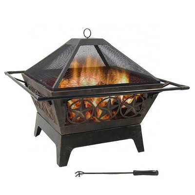 Outdoor Fire Pit - 32 Inch Large Square Wood Burning Patio & Backyard Firepit for Outside with Cooking BBQ Grill Grate Poker