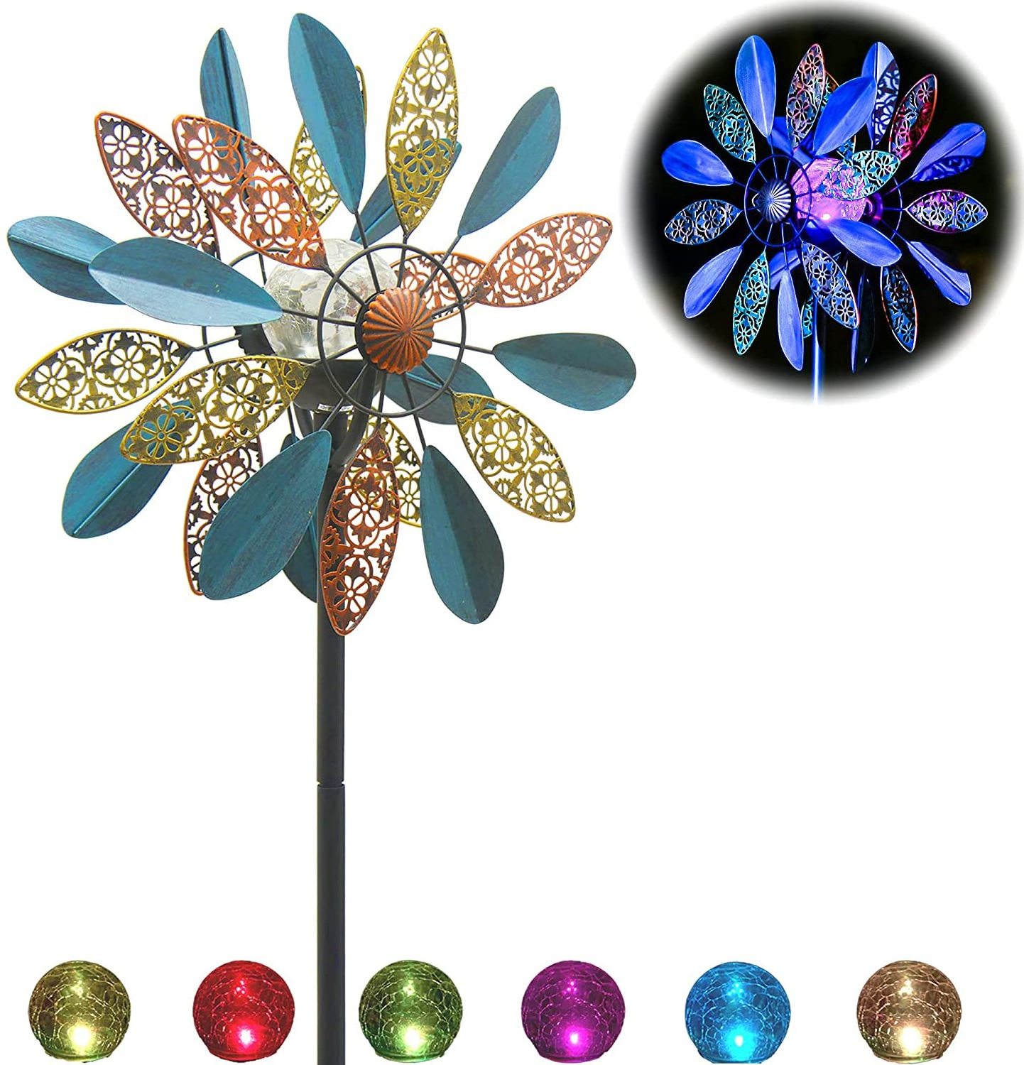 Outdoor Metal Garden Decor 3D Solar LED Light Wind Spinners Patio Garden iron Windmill Stake Ornaments Wind Spinner