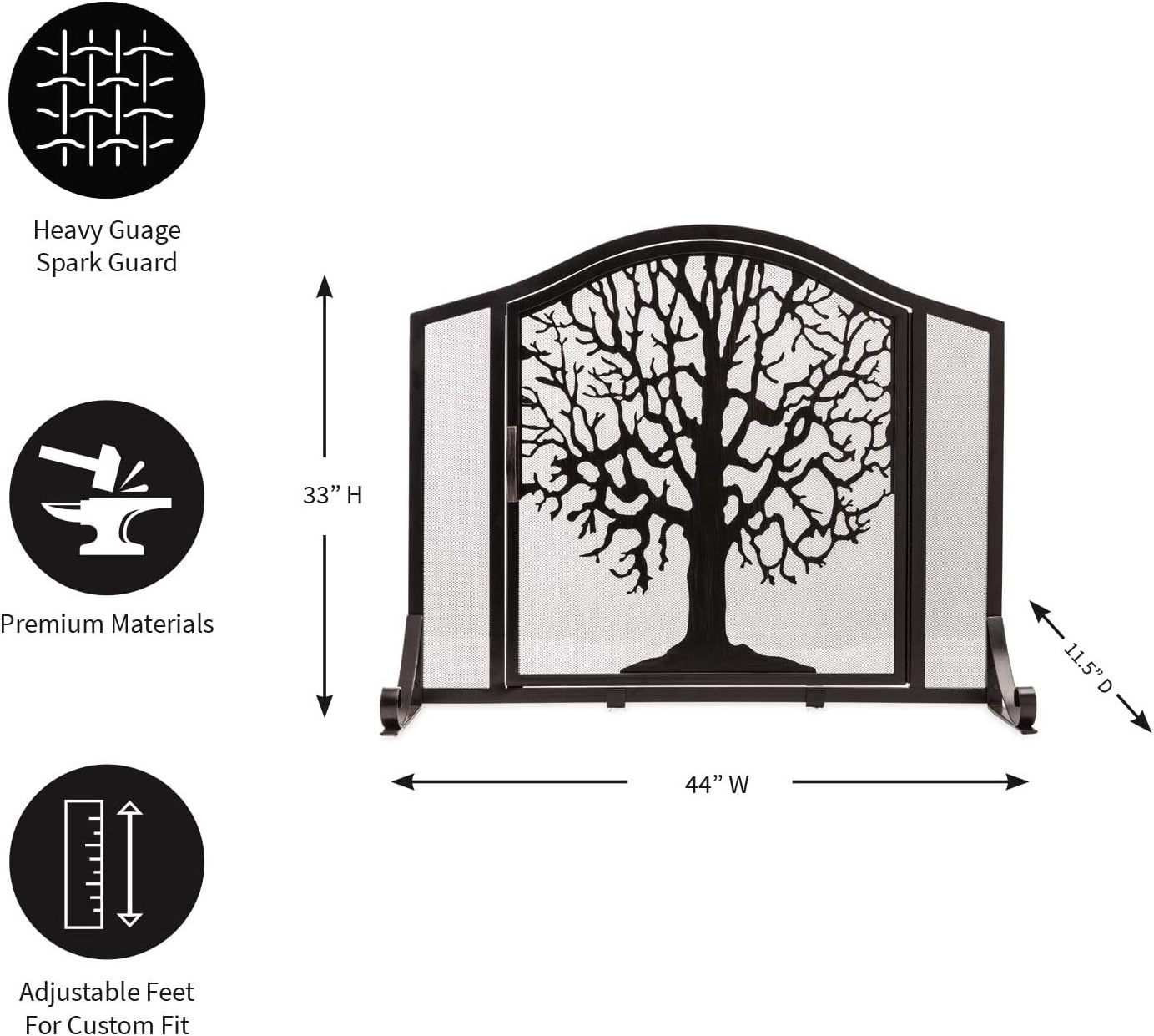 Metal Fireplace Screen Tree of Life Black 44in Flatguard Spark Guard Indoor Grate Stove Decorative Accessories