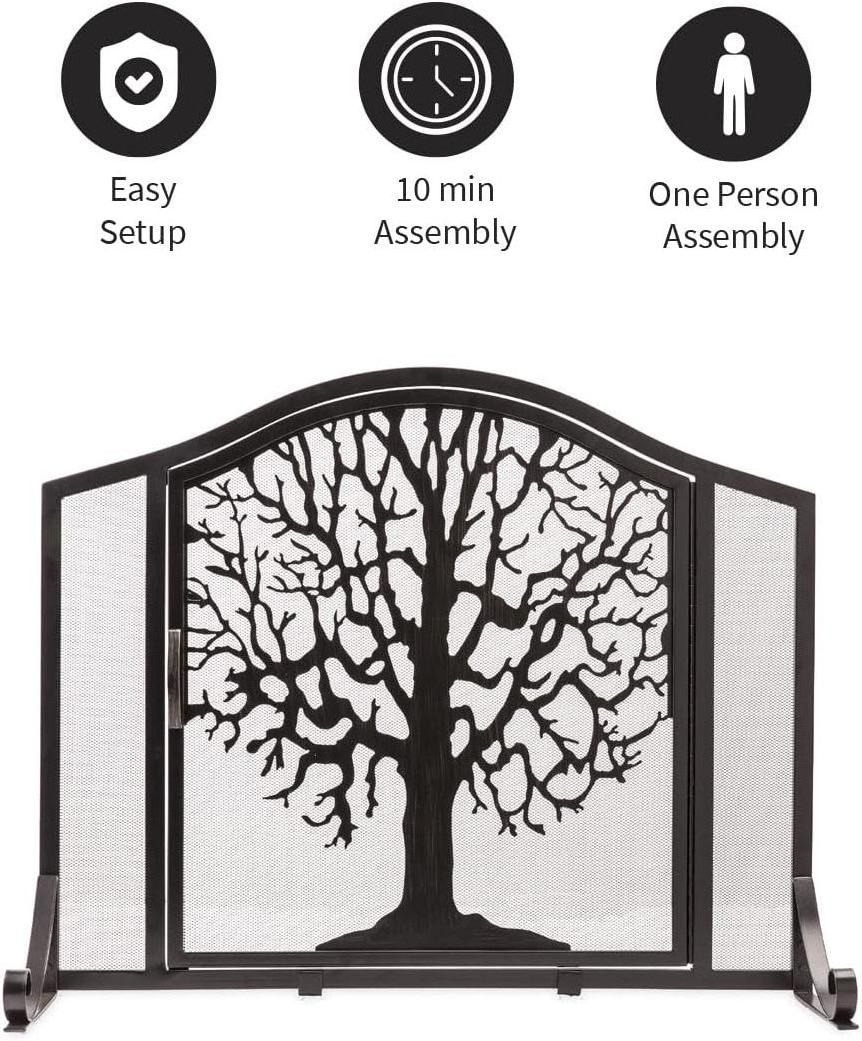 Metal Fireplace Screen Tree of Life Black 44in Flatguard Spark Guard Indoor Grate Stove Decorative Accessories