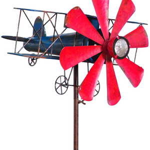 Biplane with Solar Light Metal Wind Spinner Weatherproof Outdoor Kinetic Windmill Sculptures