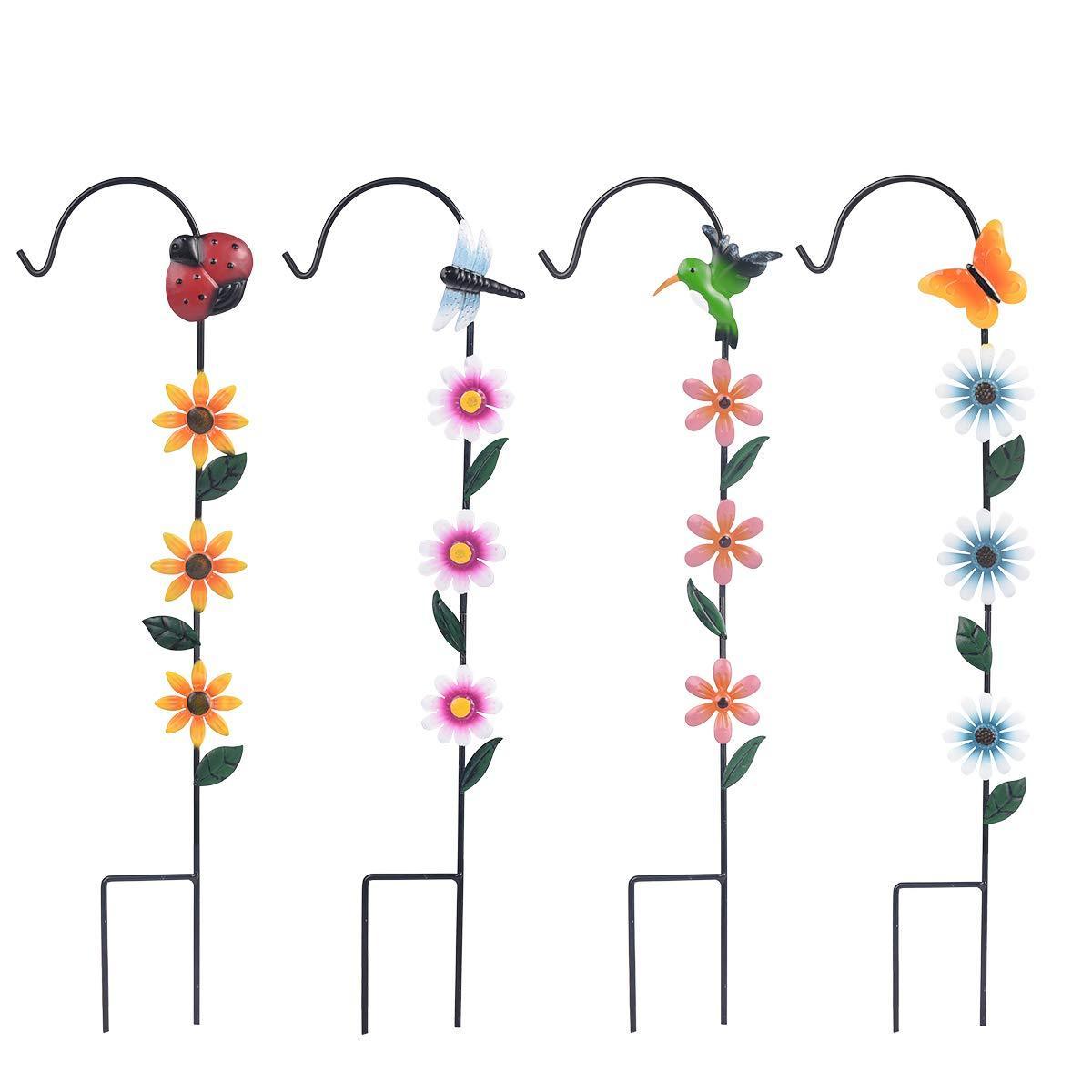 Outdoor 29 Inch Decorative Garden Stakes Flower & Insect Decor Shepherd Hook for Hanging Planter Solar Lights Lanterns Lamps