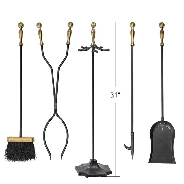 5 Pieces Fireplace Tools Sets Fireset Fire Pit Stand Rustic Tongs Shovel Brush Chimney Poker Wood Stove Hearth Accessories Kit