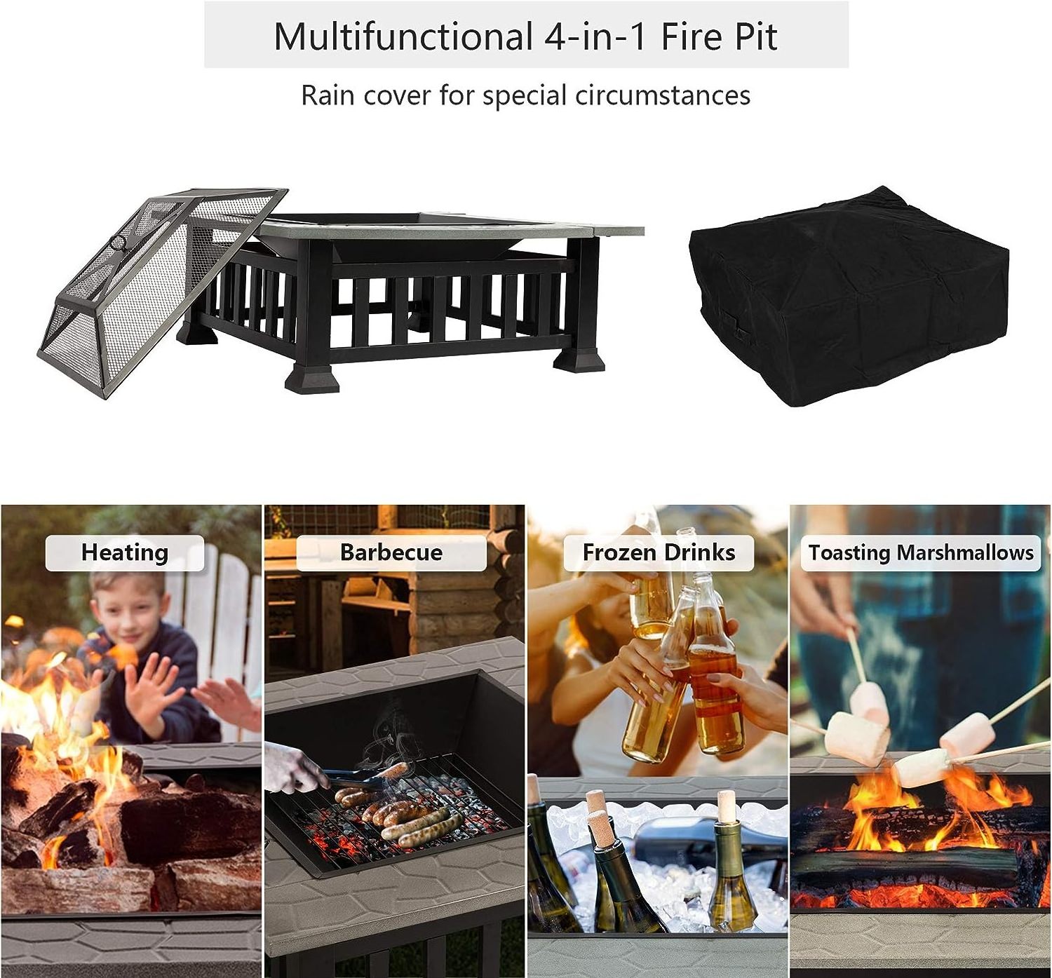 32 Inch Square Wood Burning Outdoor Fire Pit W/BBQ Grill,PVC Rain Cover