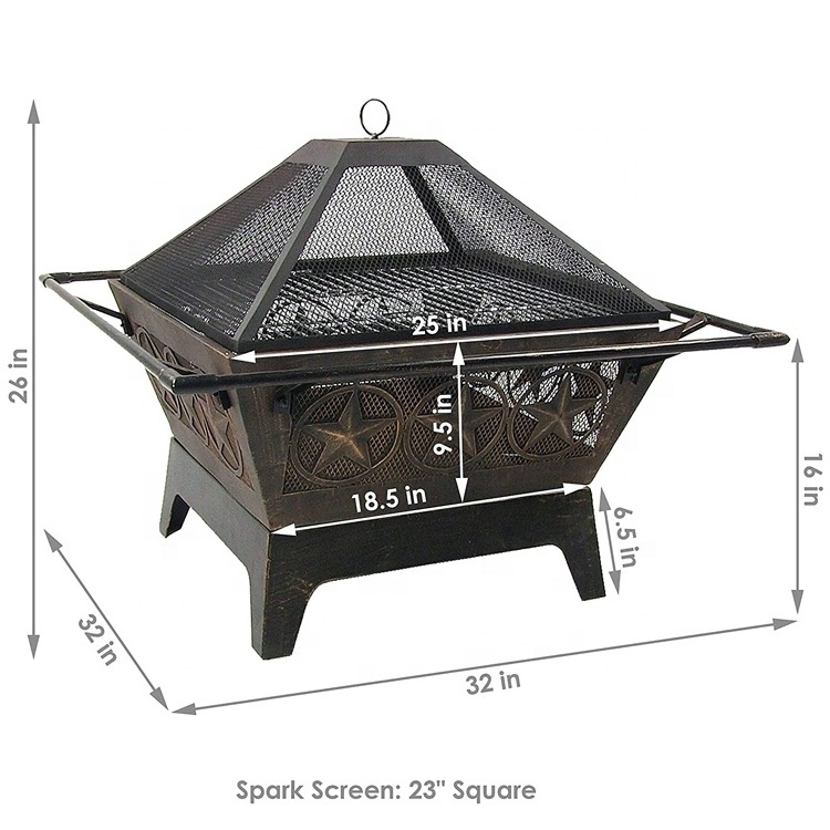 Outdoor Fire Pit - 32 Inch Large Square Wood Burning Patio & Backyard Firepit for Outside with Cooking BBQ Grill Grate Poker