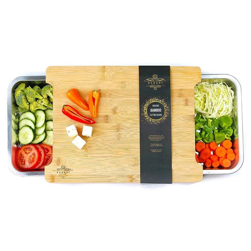 Large Bamboo Cutting Board  With Stainless Steel Tray and Eco Friendly Sustainable Wooden Chopping Board