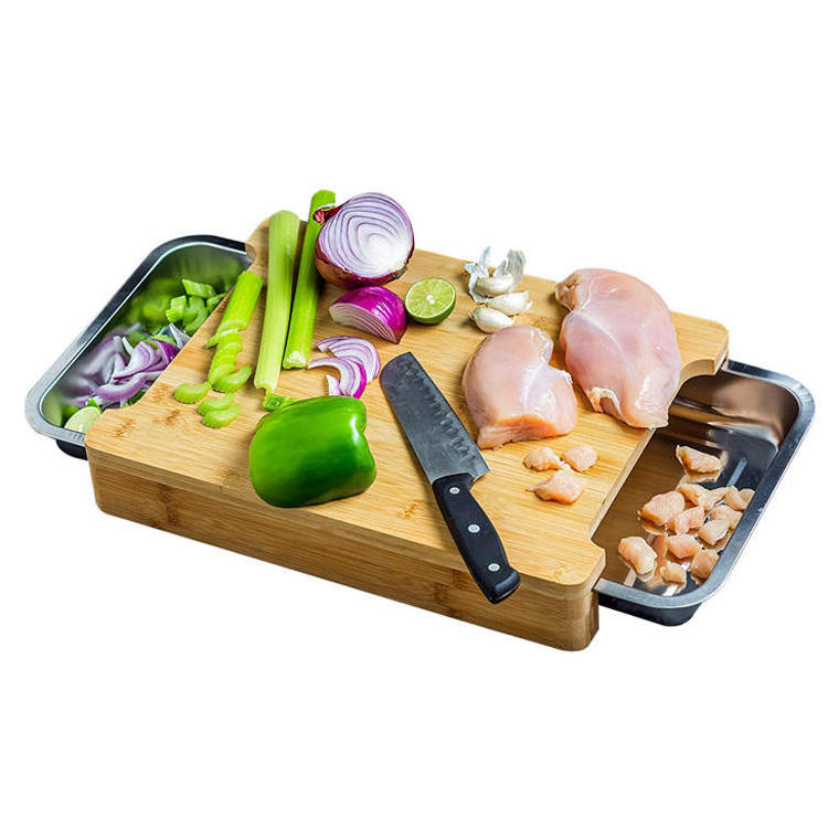 Large Bamboo Cutting Board  With Stainless Steel Tray and Eco Friendly Sustainable Wooden Chopping Board