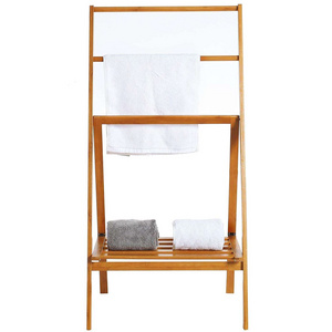 Bamboo Bathroom Storage Organizer Freestanding Bamboo Folding Towel with Storage Standing Towel Rack