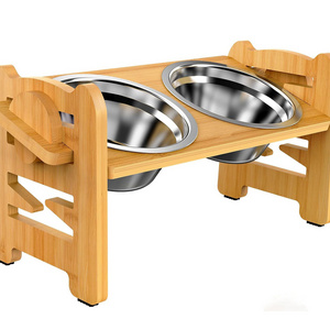 Bamboo Adjustable Raised Dog Bowl Stand Pet Feeder for Dogs and Cats Dog Food Bowl Stand