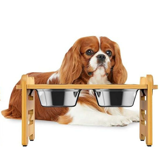 Bamboo Adjustable Raised Dog Bowl Stand Pet Feeder for Dogs and Cats Dog Food Bowl Stand