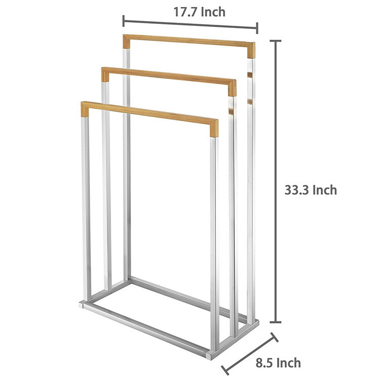 Good Quality Floor Standing Stainless Steel Pipe 3 Tier Clothes Hanger Bathroom Bamboo Towel Rack