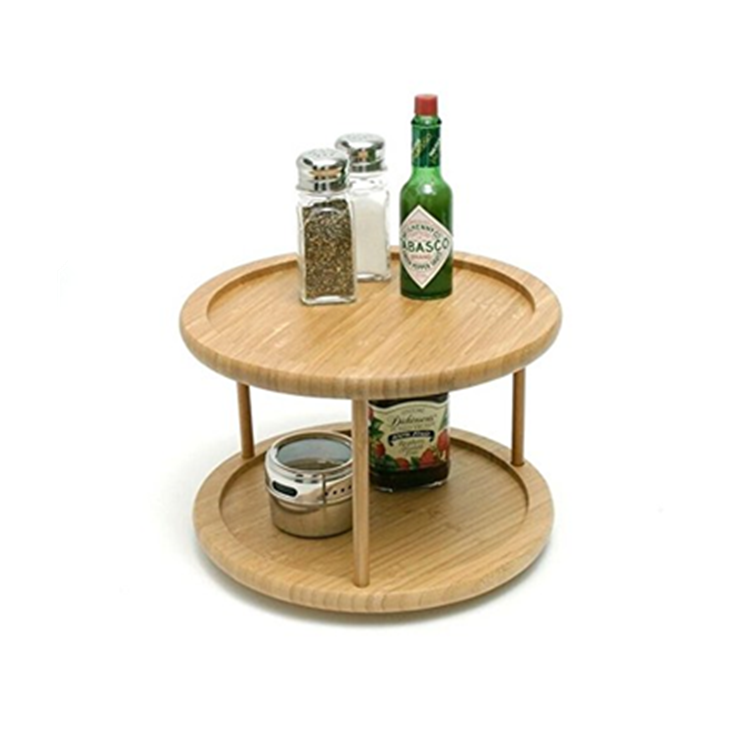 Countertop Revolving Spice Jar Display Organizer Rack Lazy Susan Turntable Wooden Kitchen Bamboo Shelf 2 Tiers