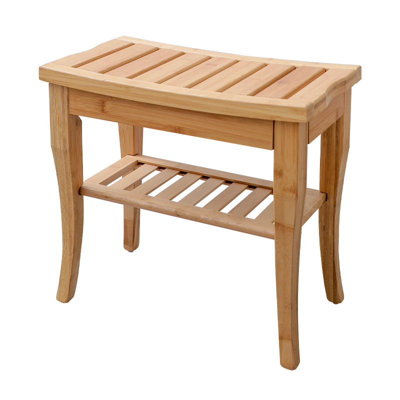 Bamboo Bathroom Shower Bench with Storage Shelf Footstool Shower Seat