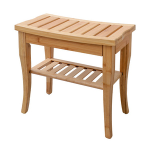 Bamboo Bathroom Shower Bench with Storage Shelf Footstool Shower Seat