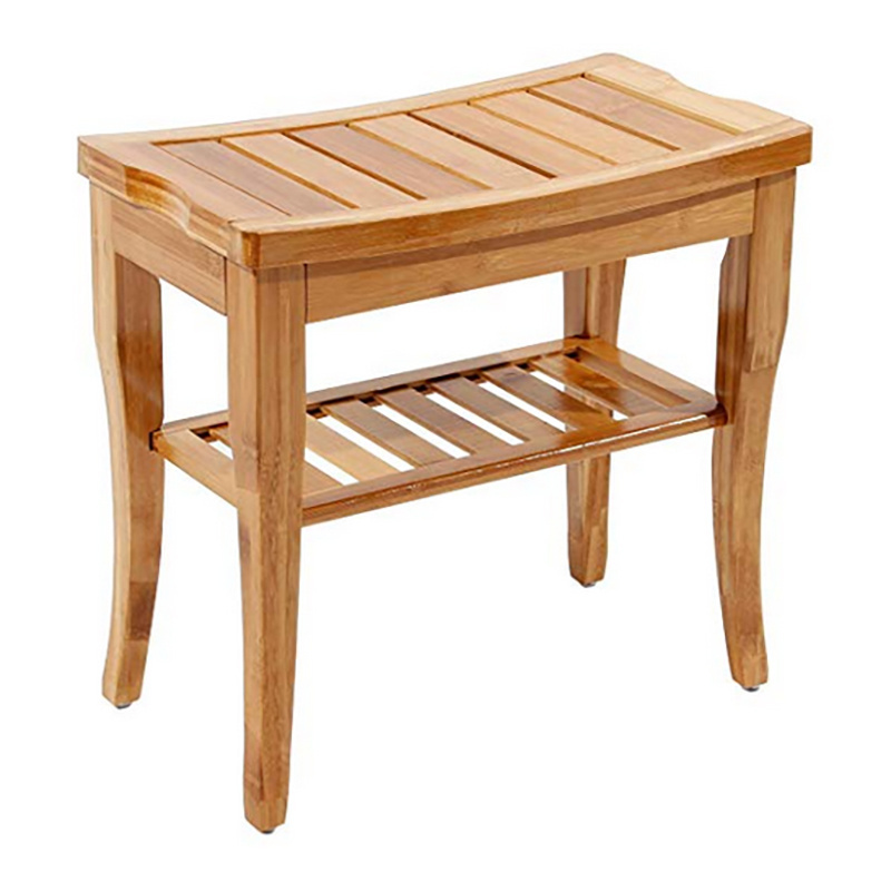 Bamboo Bathroom Shower Bench with Storage Shelf Footstool Shower Seat