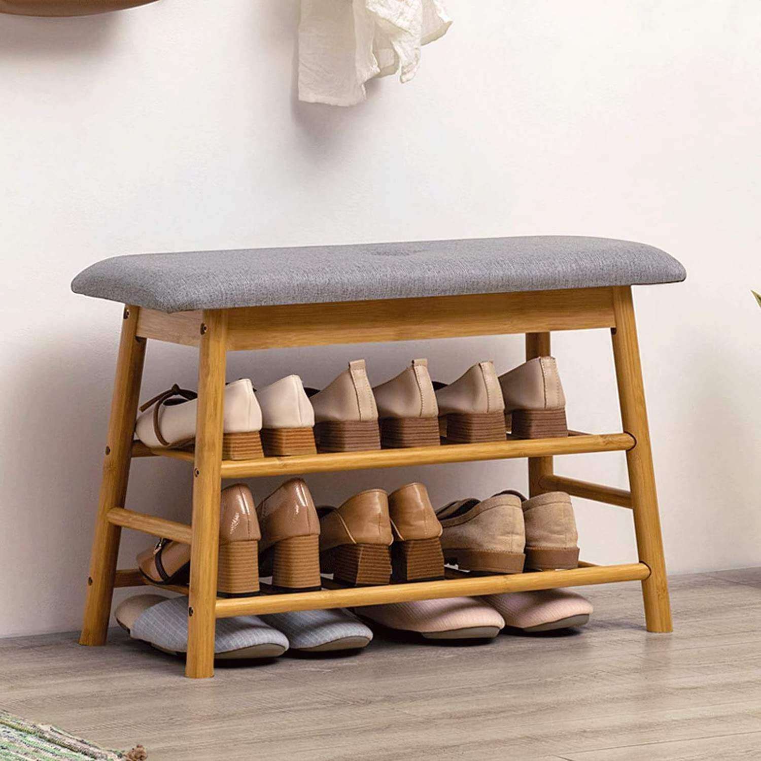 Free Standing Wood Shoe Rack Bamboo Shoe Bench Rack Storage Organizer With Cushion