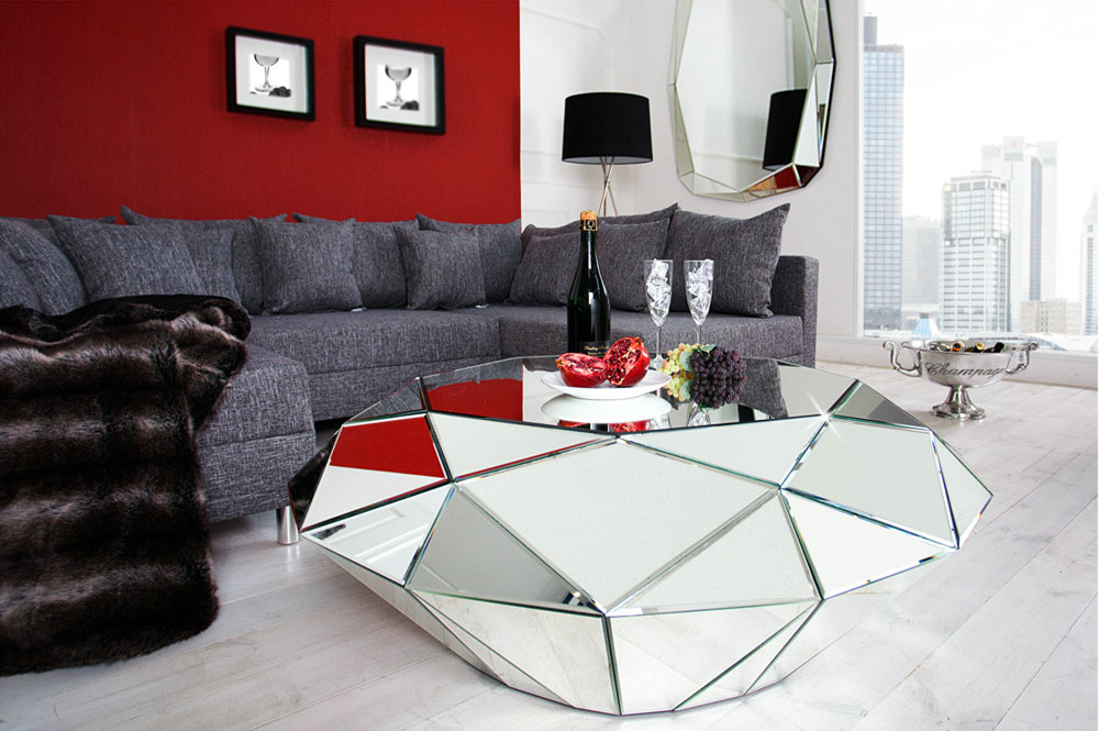 silver modern luxury diamond irregular mirrored glass coffee table  villa living room