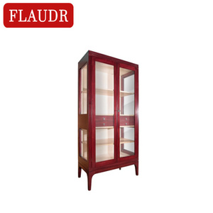 European contemporary exquisite simple wine red wood surface glass door and wood base living room cabinet