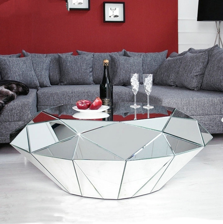 silver modern luxury diamond irregular mirrored glass coffee table  villa living room