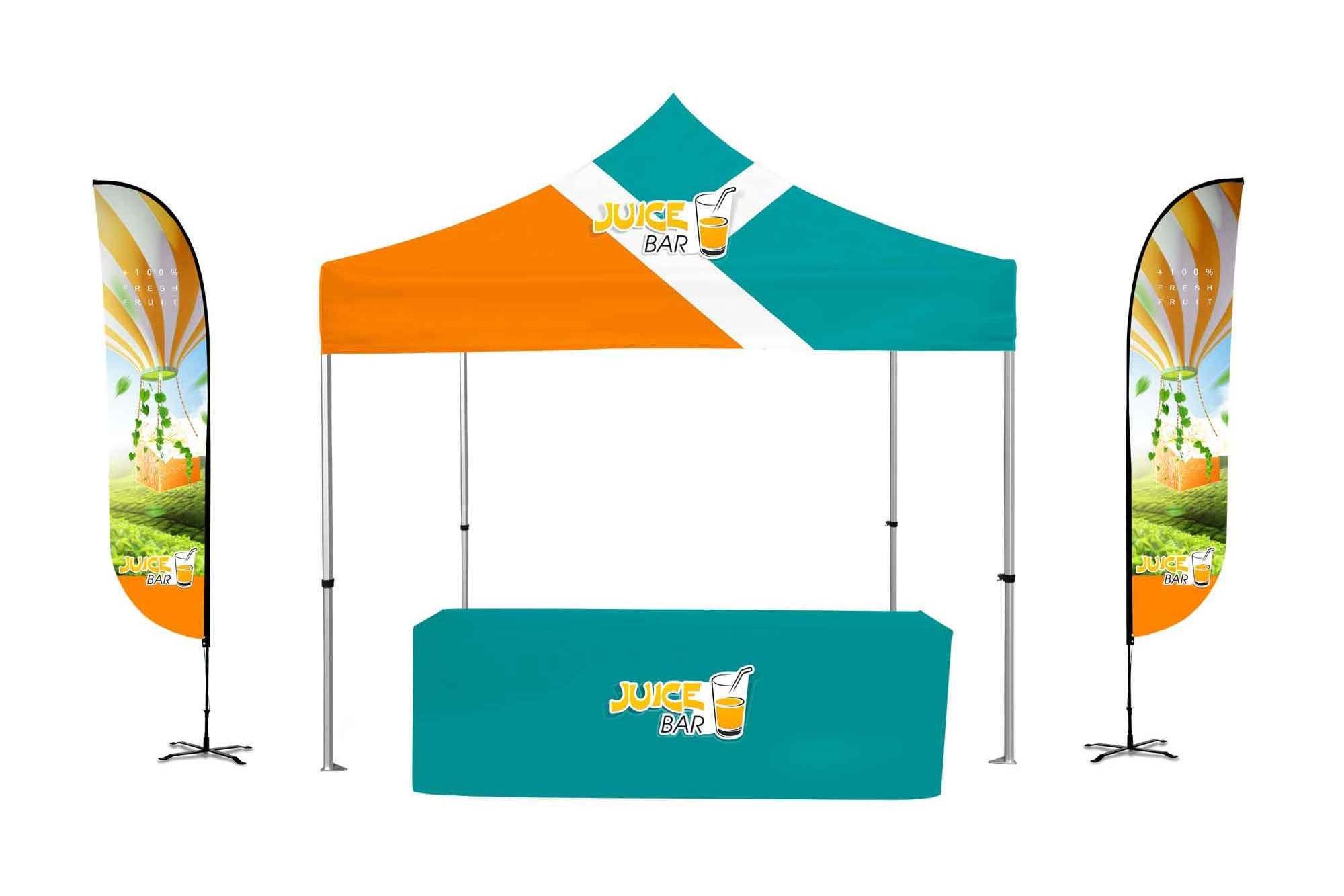 Showcase Kit Package Event  Pop up show canopy tent for events with sides 6ft Tablecloth two Feather Flags