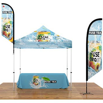 Showcase Kit Package Event  Pop up show canopy tent for events with sides 6ft Tablecloth two Feather Flags